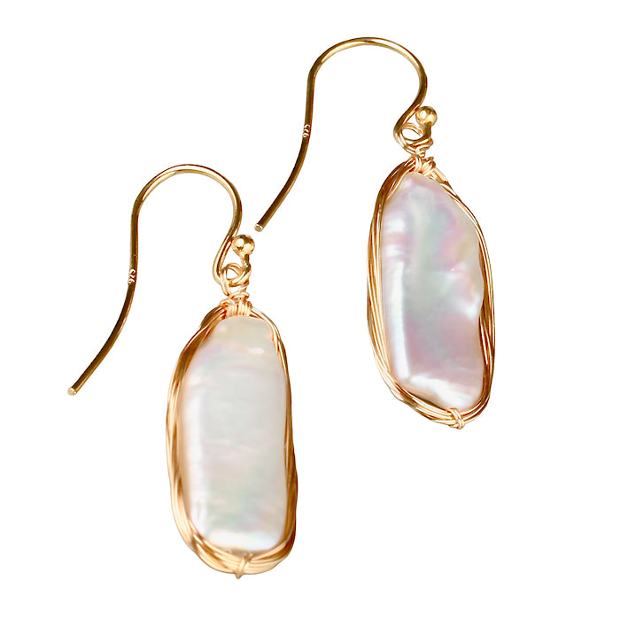 Rectangular baroque freshwater pearl gold earrings
