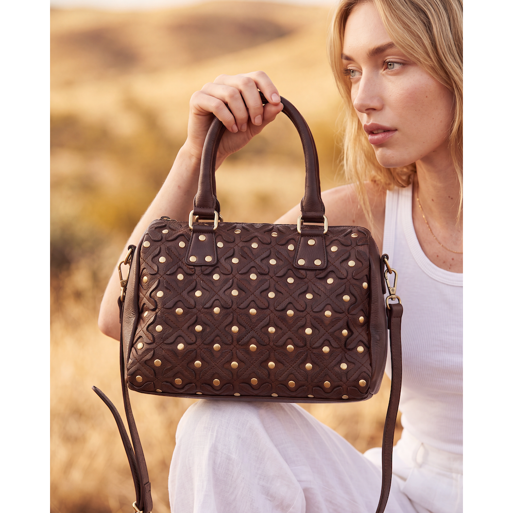 Woven Washed Leather Boston Bag with Studs – Glasson (W-08)
