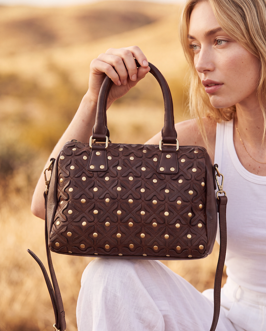 Woven Washed Leather Boston Bag with Studs – Glasson (W-08)