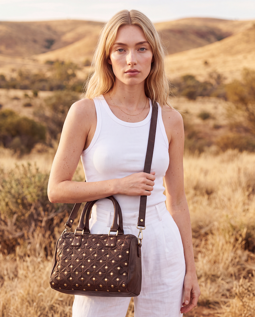 Woven Washed Leather Boston Bag with Studs – Glasson (W-08)