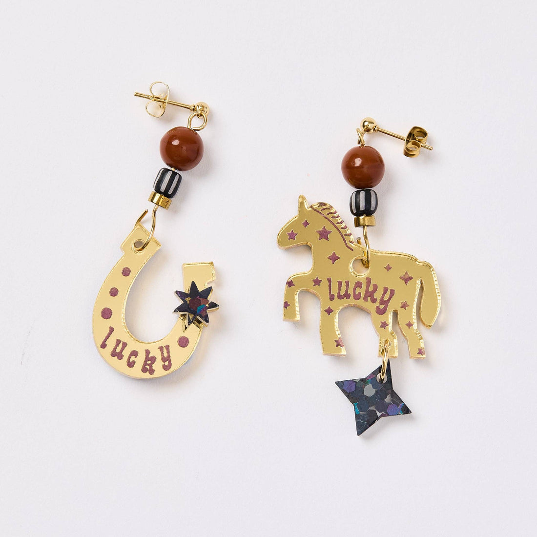 Lucky Horse + Shoe Earrings - Gold / Pink