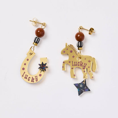 Lucky Horse + Shoe Earrings - Gold / Pink