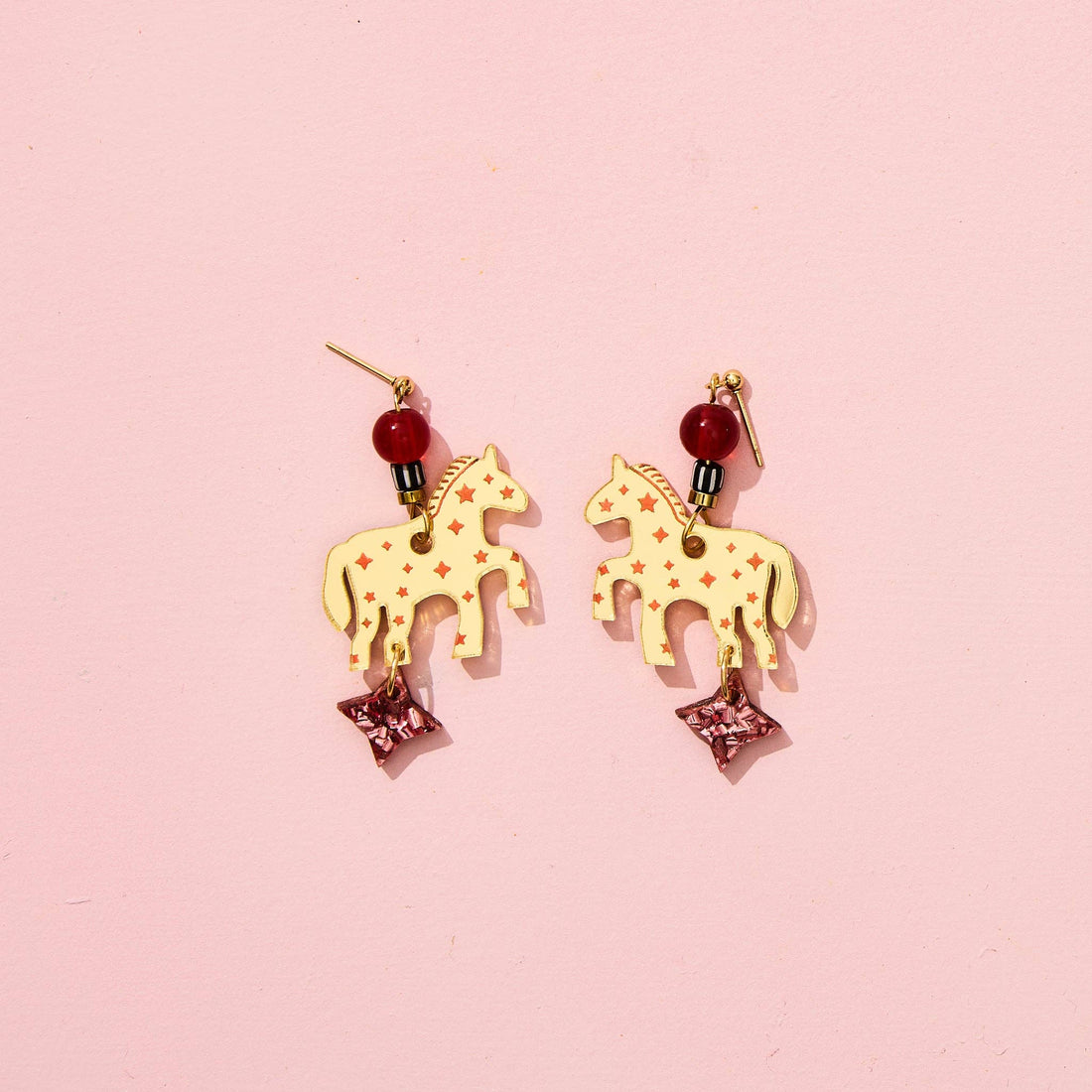Star Horse Earrings - Gold / Pink