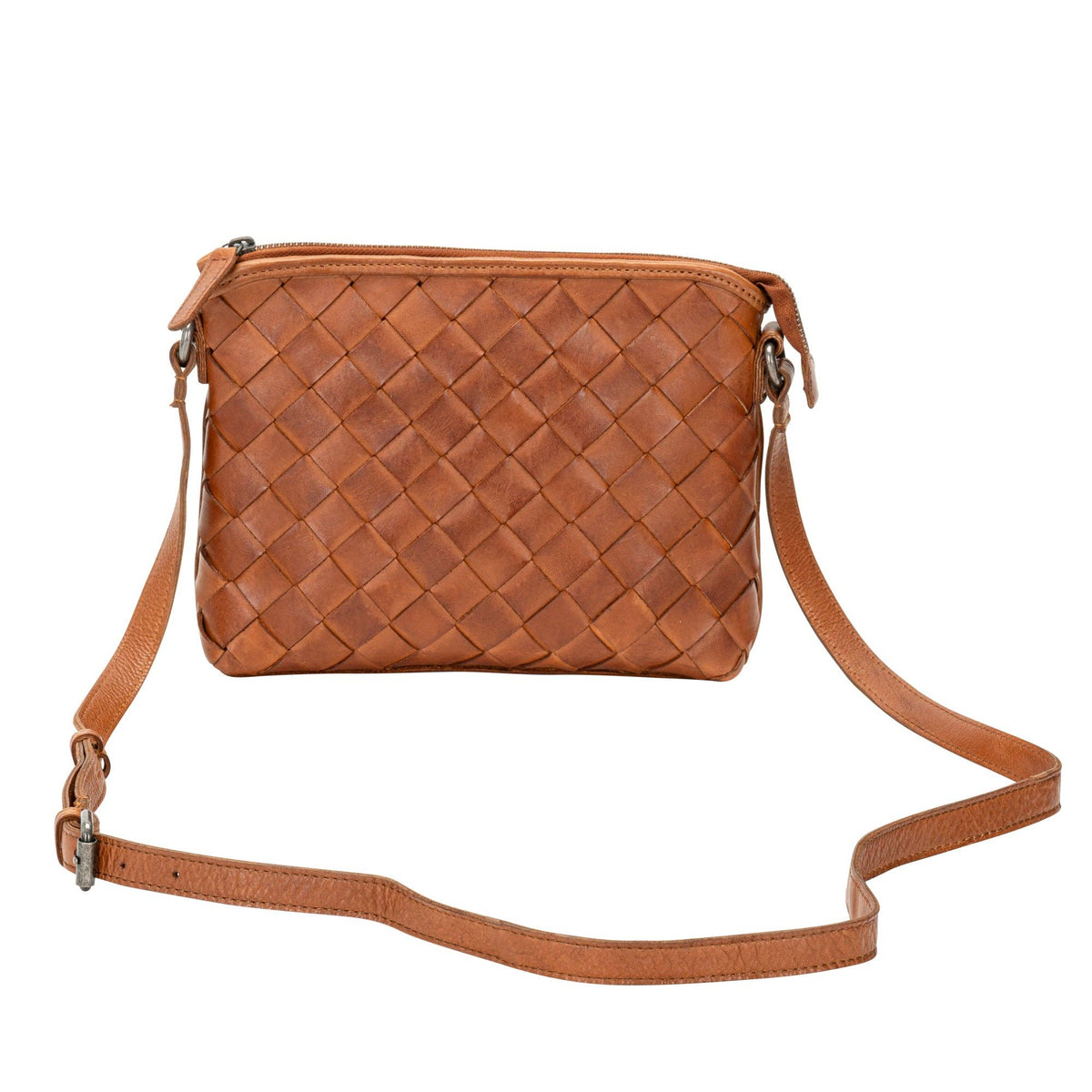 Mila – Diamond Weave Crossbody Bag (Cognac)