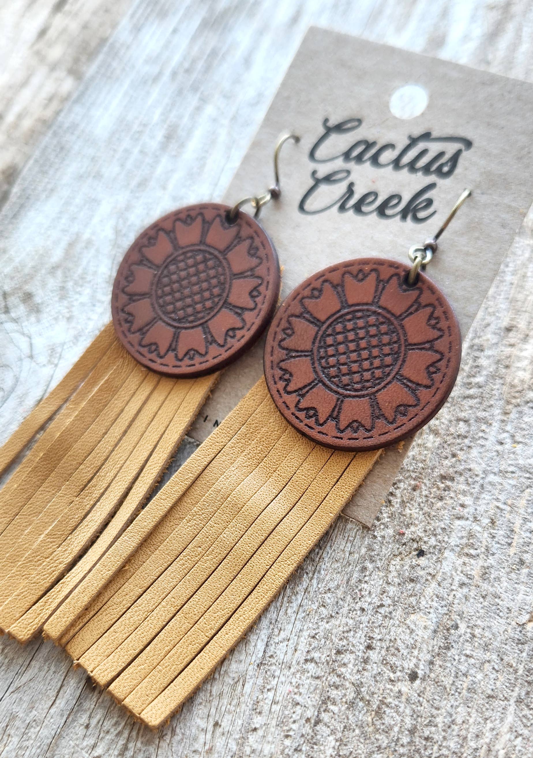 &quot;Kansas&quot;  Handmade Tooled Leather and Fringe Earrings
