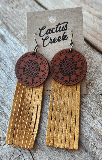 &quot;Kansas&quot;  Handmade Tooled Leather and Fringe Earrings