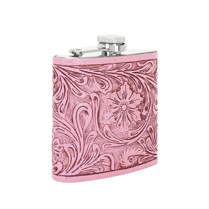 Mountain Trail Flask in pink with hand tooled leather, 6 oz