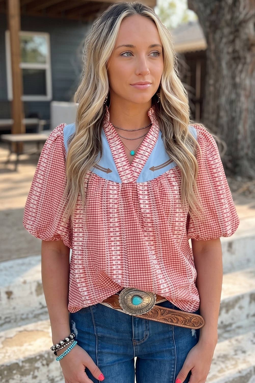 Western Pony Embroidered Yoke Puff Sleeve Gingham Blouse