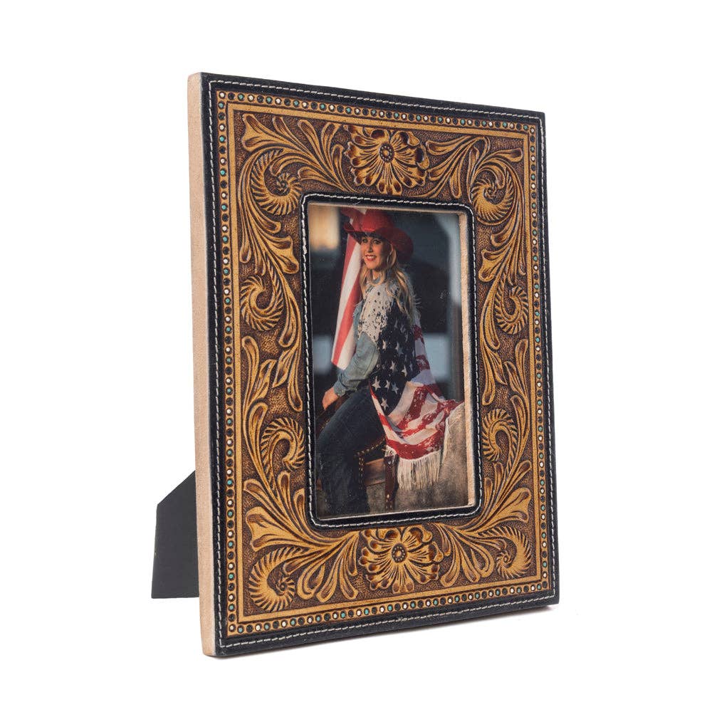 Bordertown Handtooled Leather Photo Frame in brown, premium western home décor