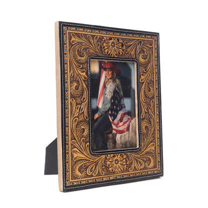 Bordertown Handtooled Leather Photo Frame in brown, premium western home décor
