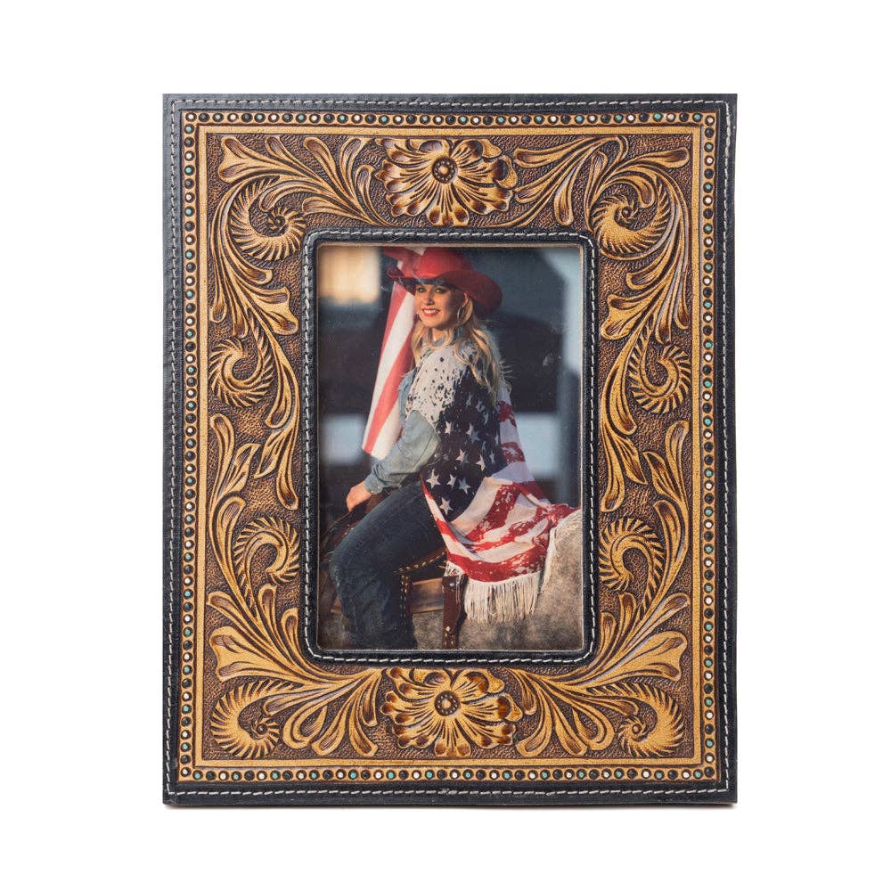 Bordertown Handtooled Leather Photo Frame in brown, premium western home décor