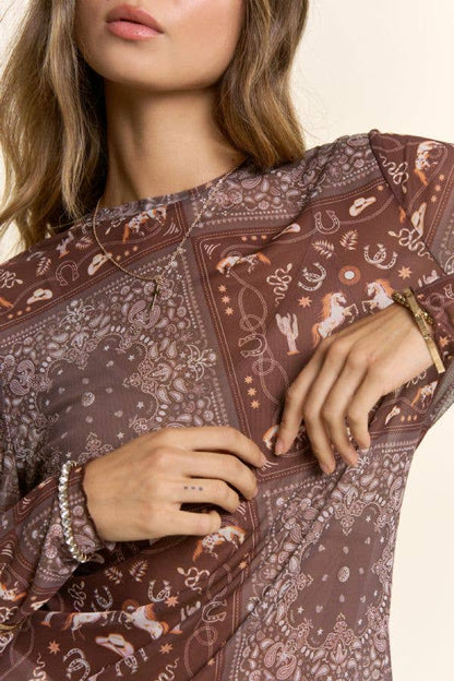 Western Bandana Print Mock Neck Mesh Top