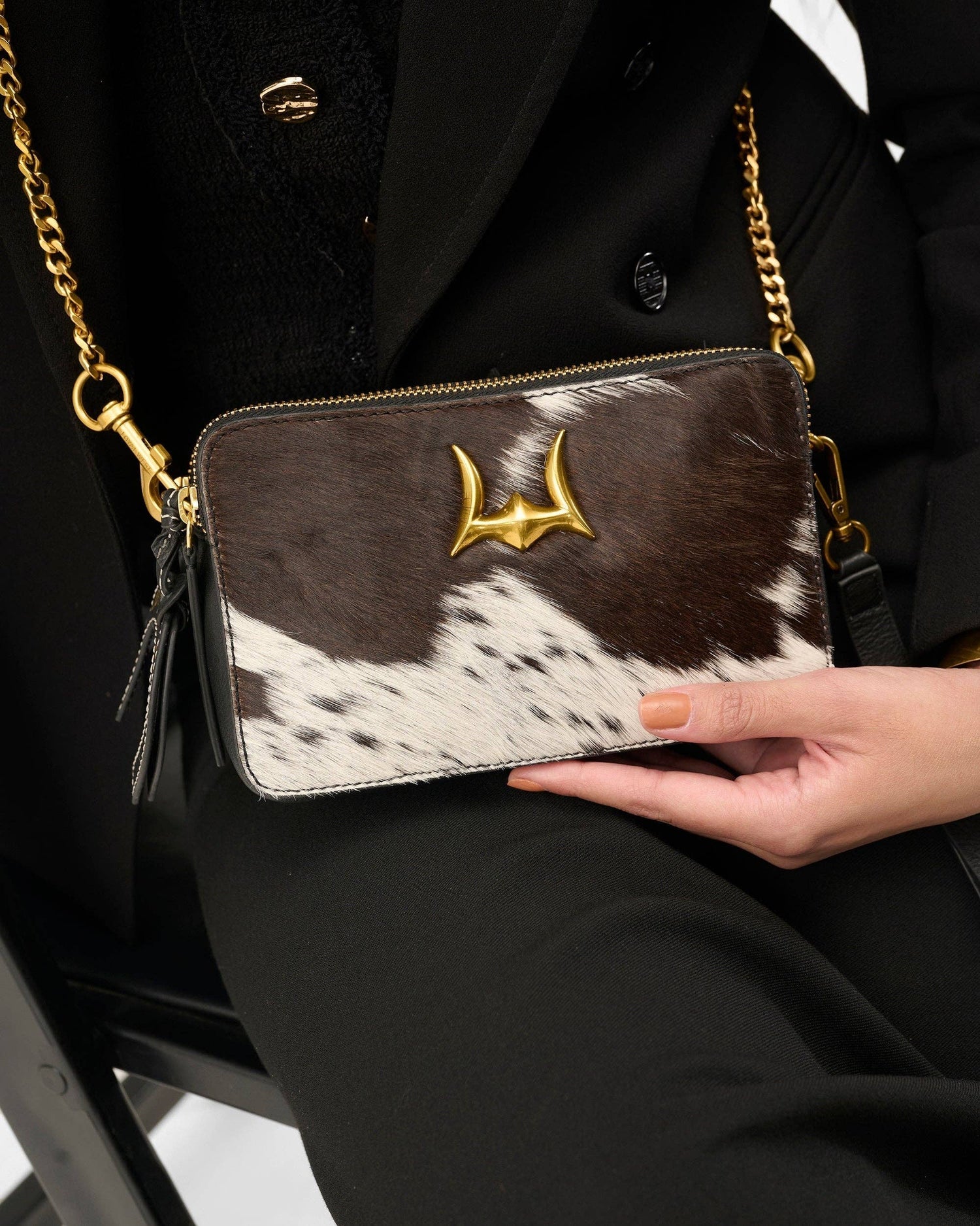 Shell Mini Purse In Black &amp; White Cowhide