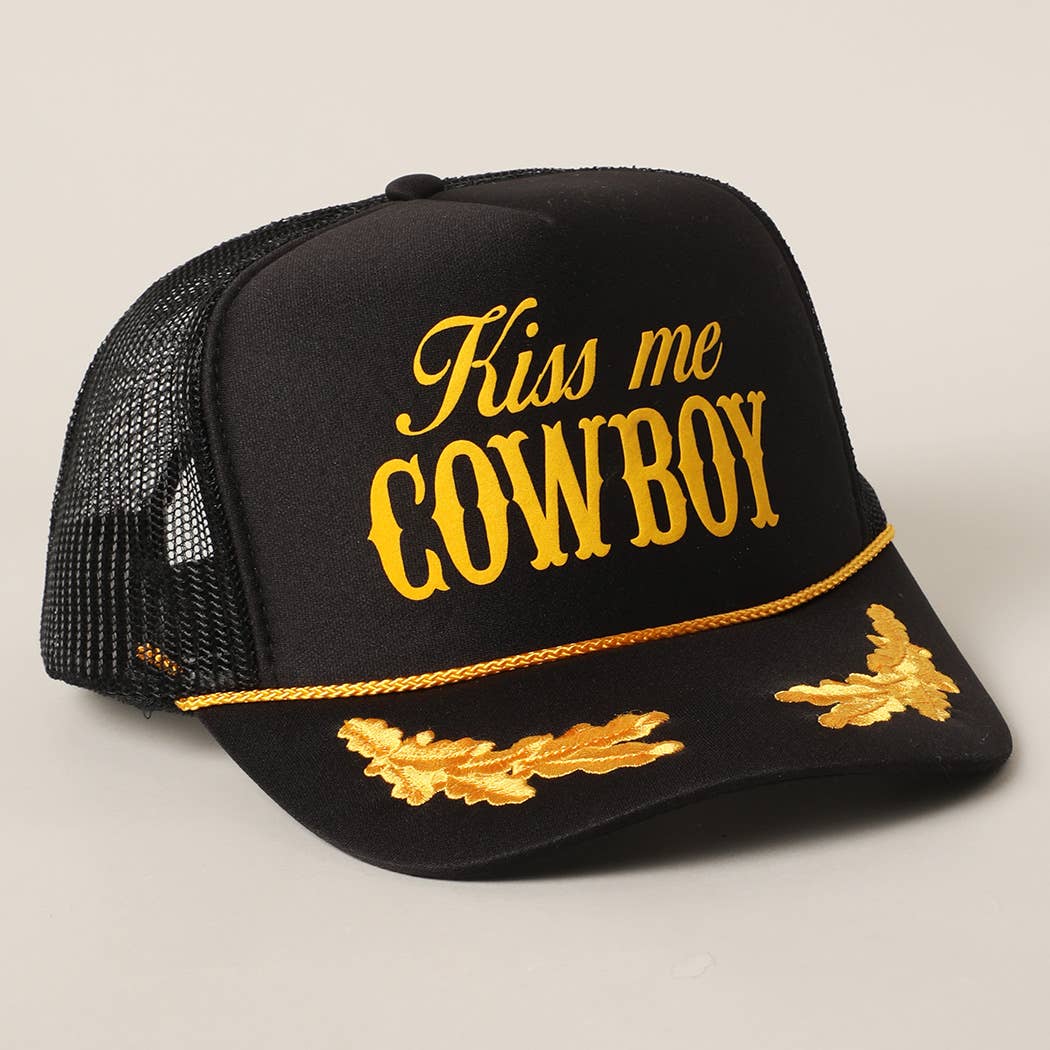 Kiss Me Cowboy Text Foam Mesh Back Trucker Hat Cap