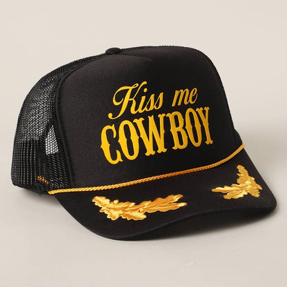 Kiss Me Cowboy Text Foam Mesh Back Trucker Hat Cap