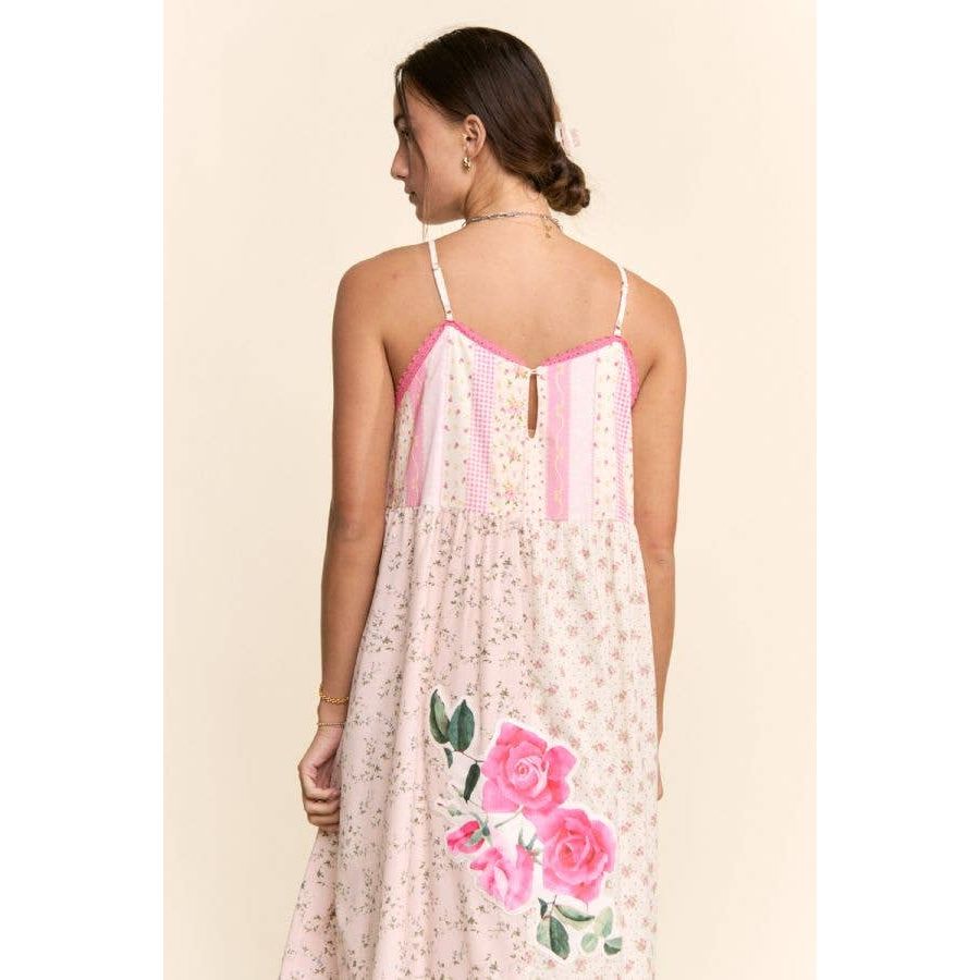 Rose Patchwork Print Ruffle Hem Trapeze Midi Dress