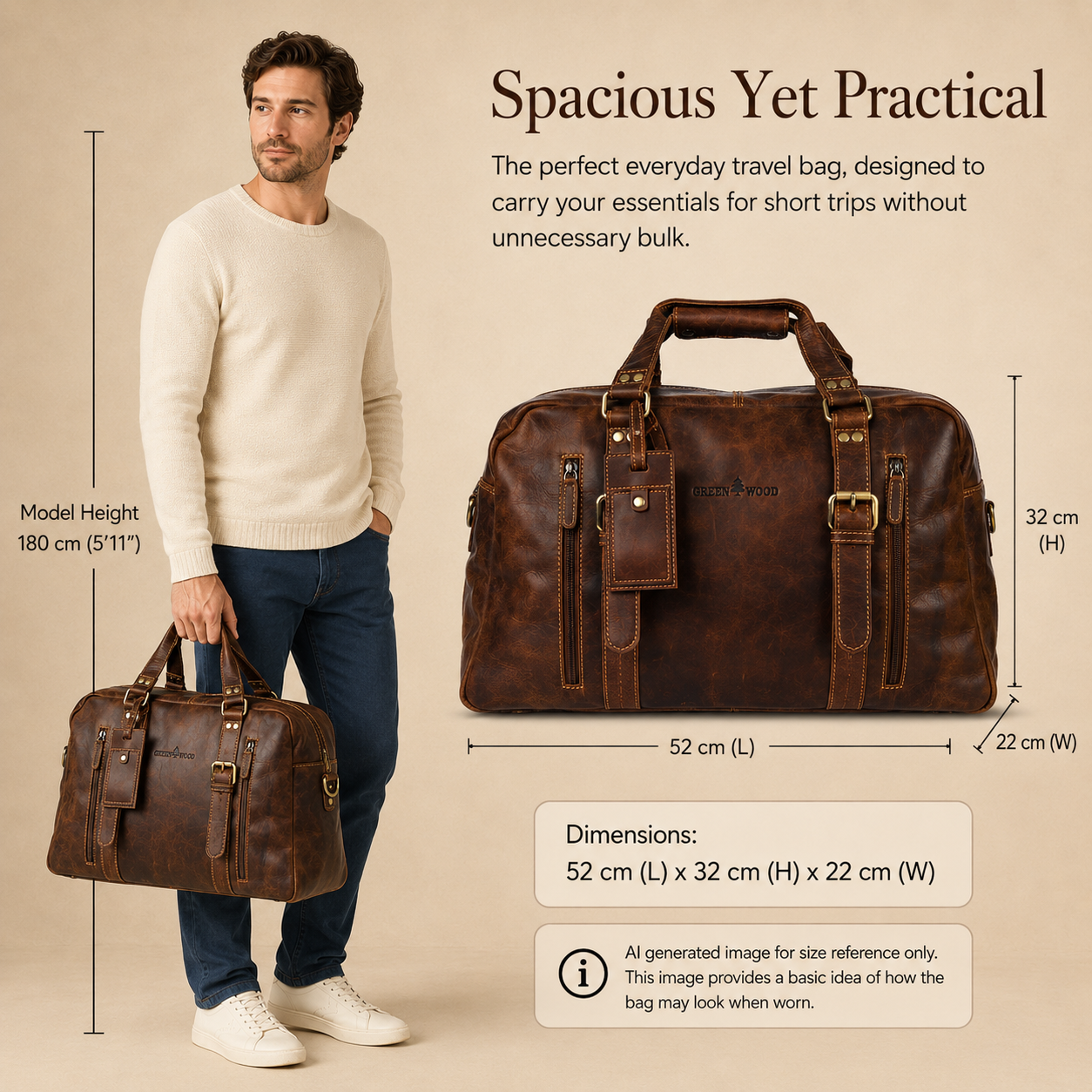 Voyager Leather Weekend Bag – Full Grain Oil Pull-Up Leather Travel Duffel (Sandal)
