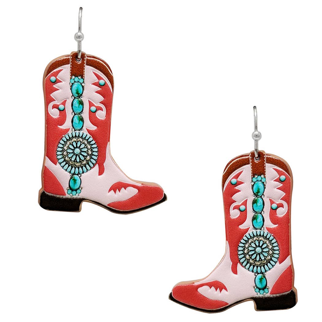 Cowboy Boots Tooled Leather Hook Earrings