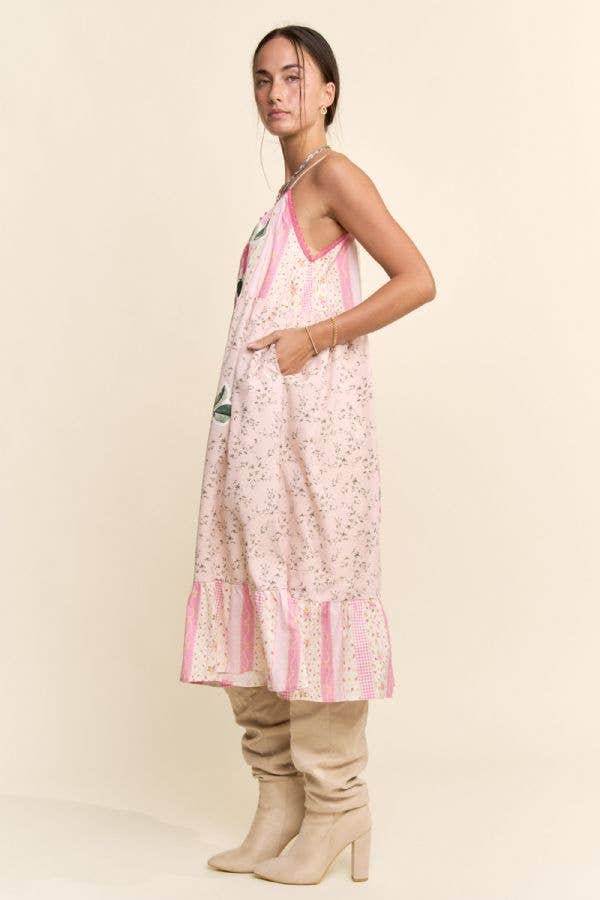 Rose Patchwork Print Ruffle Hem Trapeze Midi Dress