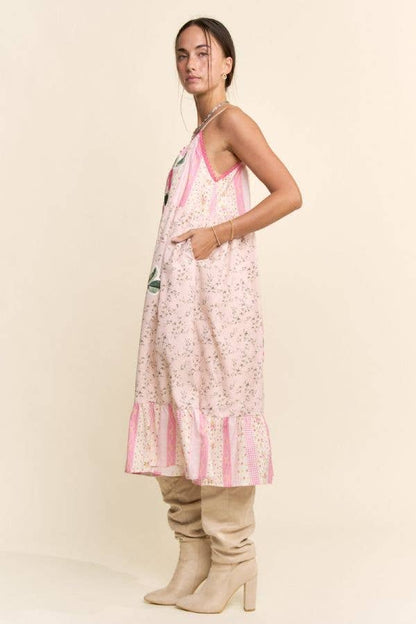 Rose Patchwork Print Ruffle Hem Trapeze Midi Dress