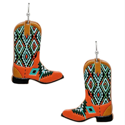 Cowboy Boots Aztec Pattern Leather Hook Earrings