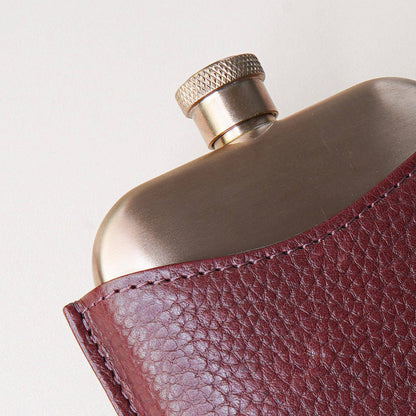 Copper Hip Flask With Pebble Grain Leather Sleeve - Cherry