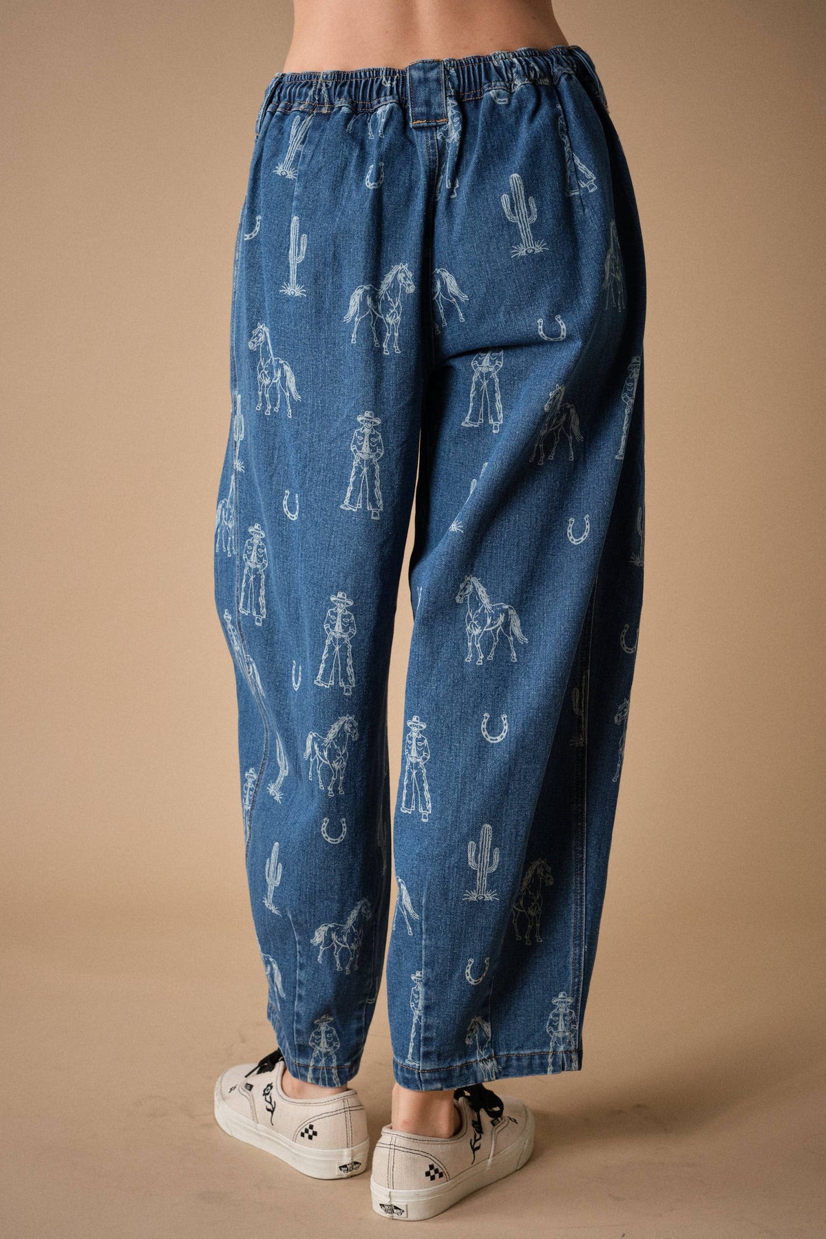 Western Print Barrel Denim Pants