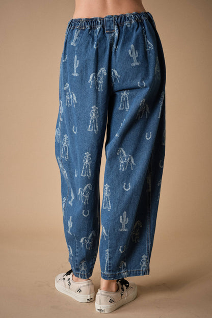 Western Print Barrel Denim Pants