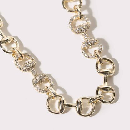 Gold Horsebit CZ Pave Link Necklace