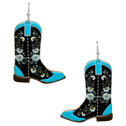 Cowboy Boots Floral Pattern Leather Hook Earrings