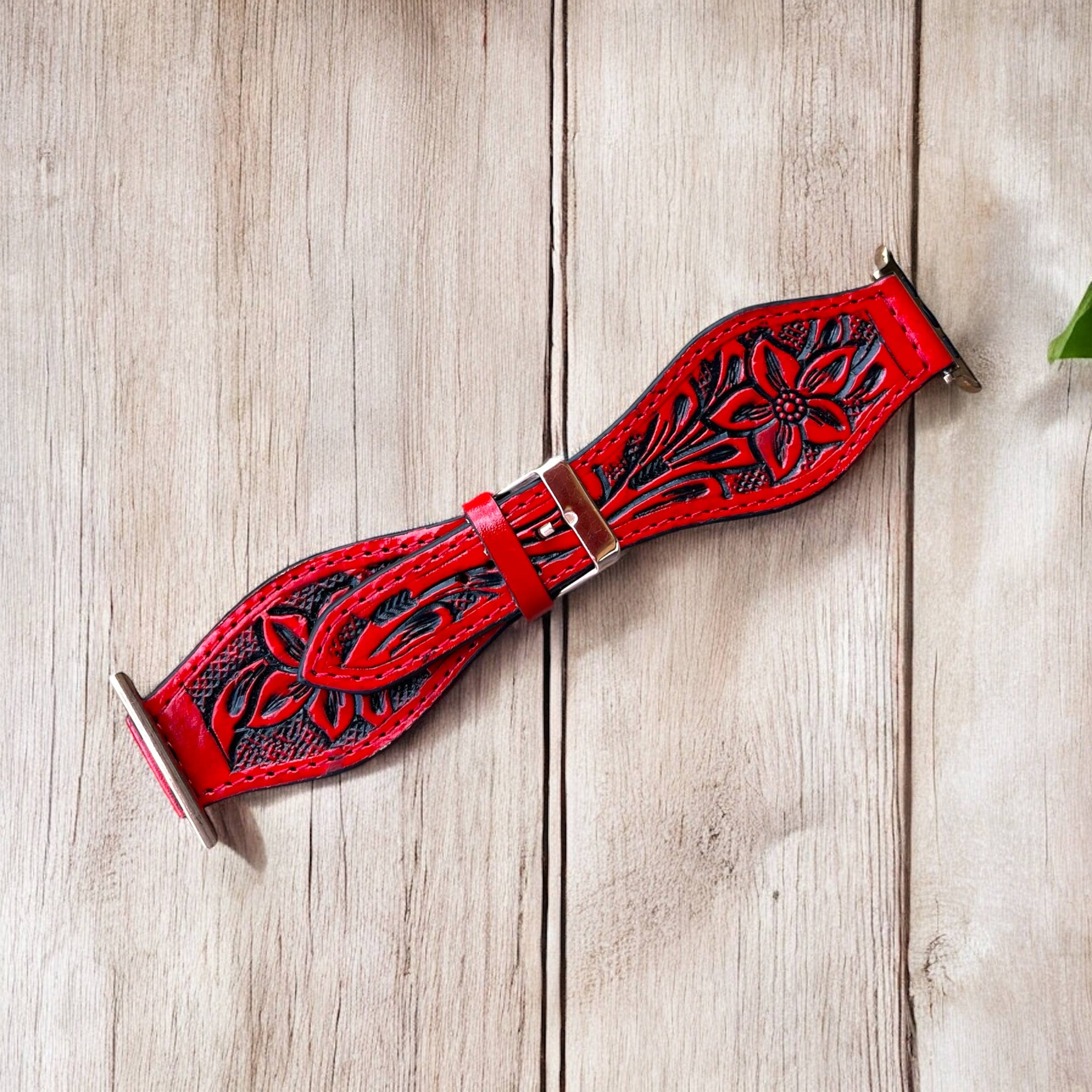 45mm red tooled leather Apple Watch band 