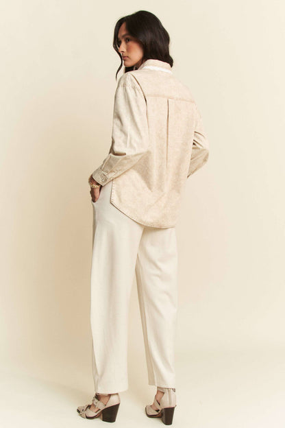 LIGHTWEIGHT WASHED LACE EDGE WAFFLE KNIT SHIRT
