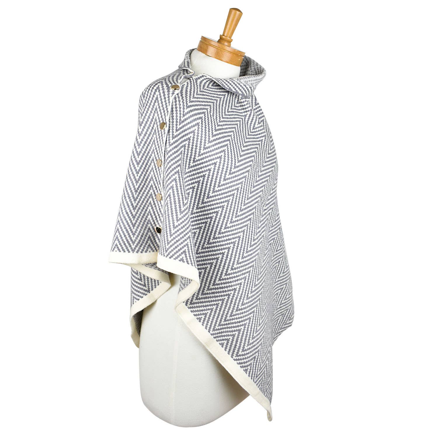 Grey: Herringbone w Button Poncho