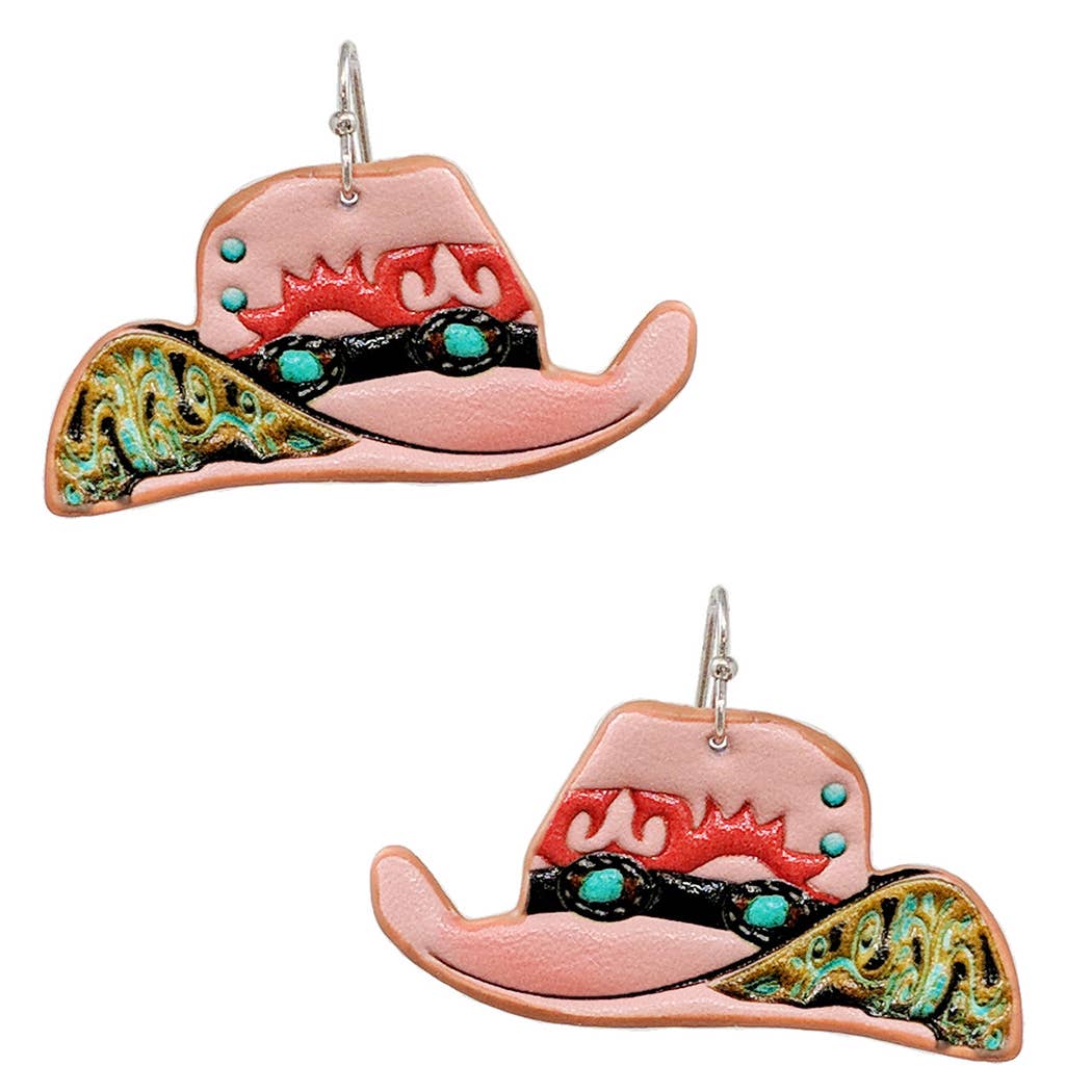 Western Tooled Cowboy Hat Hook Earrings - Pink