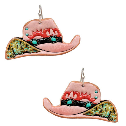 Western Tooled Cowboy Hat Hook Earrings - Pink