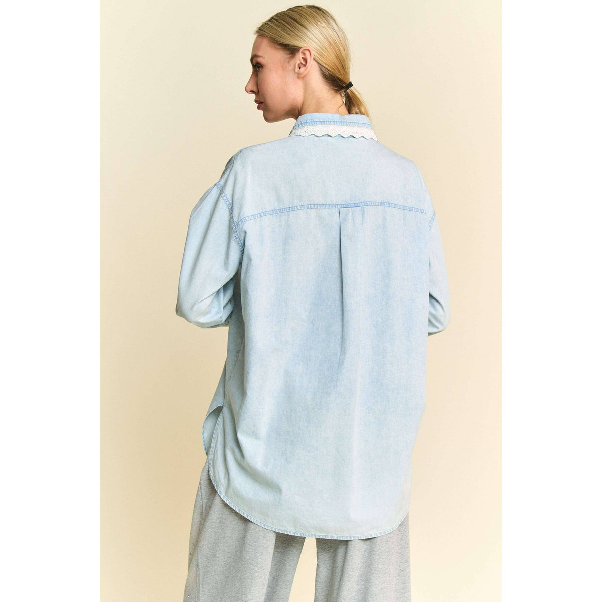LIGHTWEIGHT WASHED LACE EDGE WAFFLE KNIT SHIRT