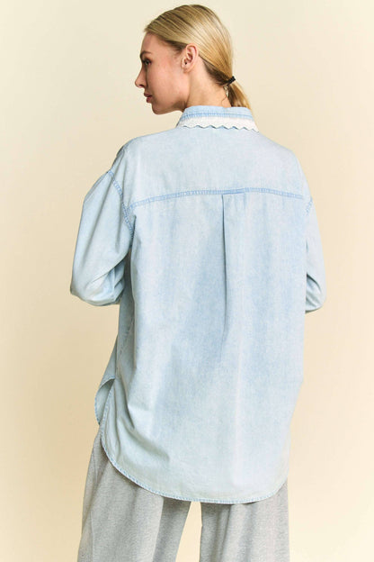 LIGHTWEIGHT WASHED LACE EDGE WAFFLE KNIT SHIRT