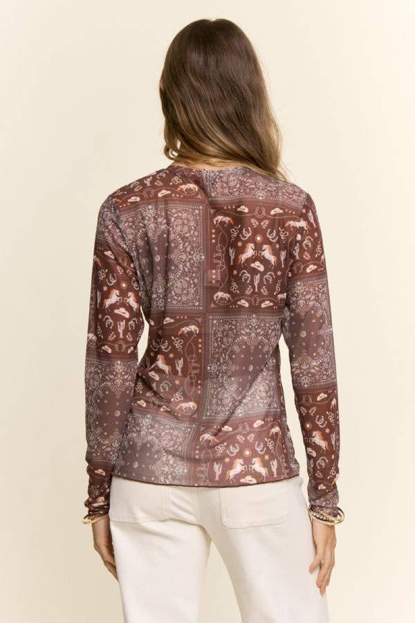 Western Bandana Print Mock Neck Mesh Top