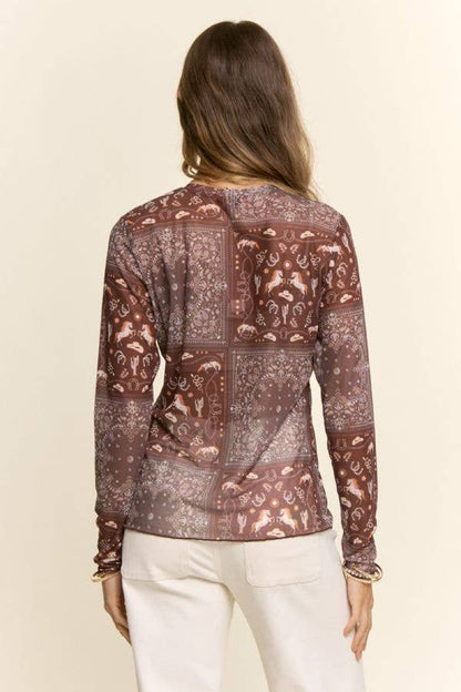 Western Bandana Print Mock Neck Mesh Top