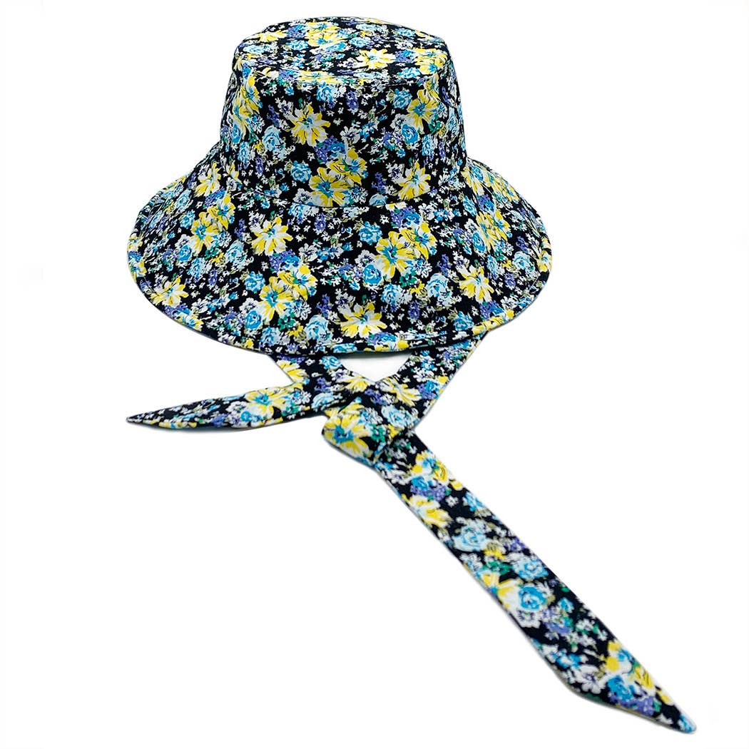 Mixed Floral Print Chin Tie Sun Bucket Hat