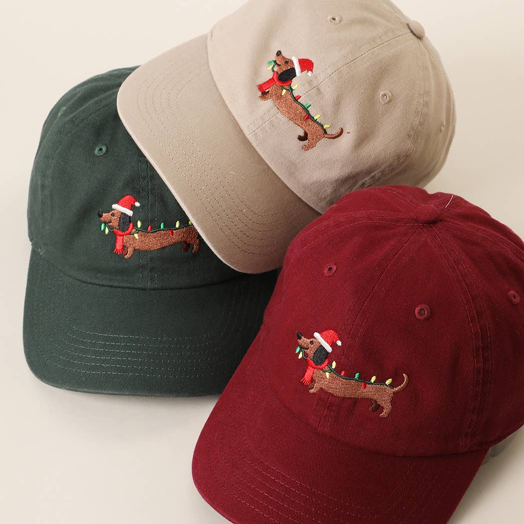 Christmas Dachshund  Embroidered Stone Washed Cotton Dad Cap