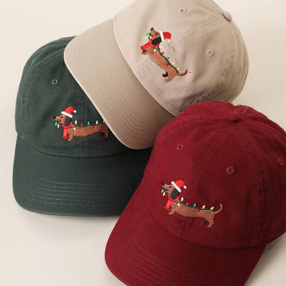 Christmas Dachshund  Embroidered Stone Washed Cotton Dad Cap