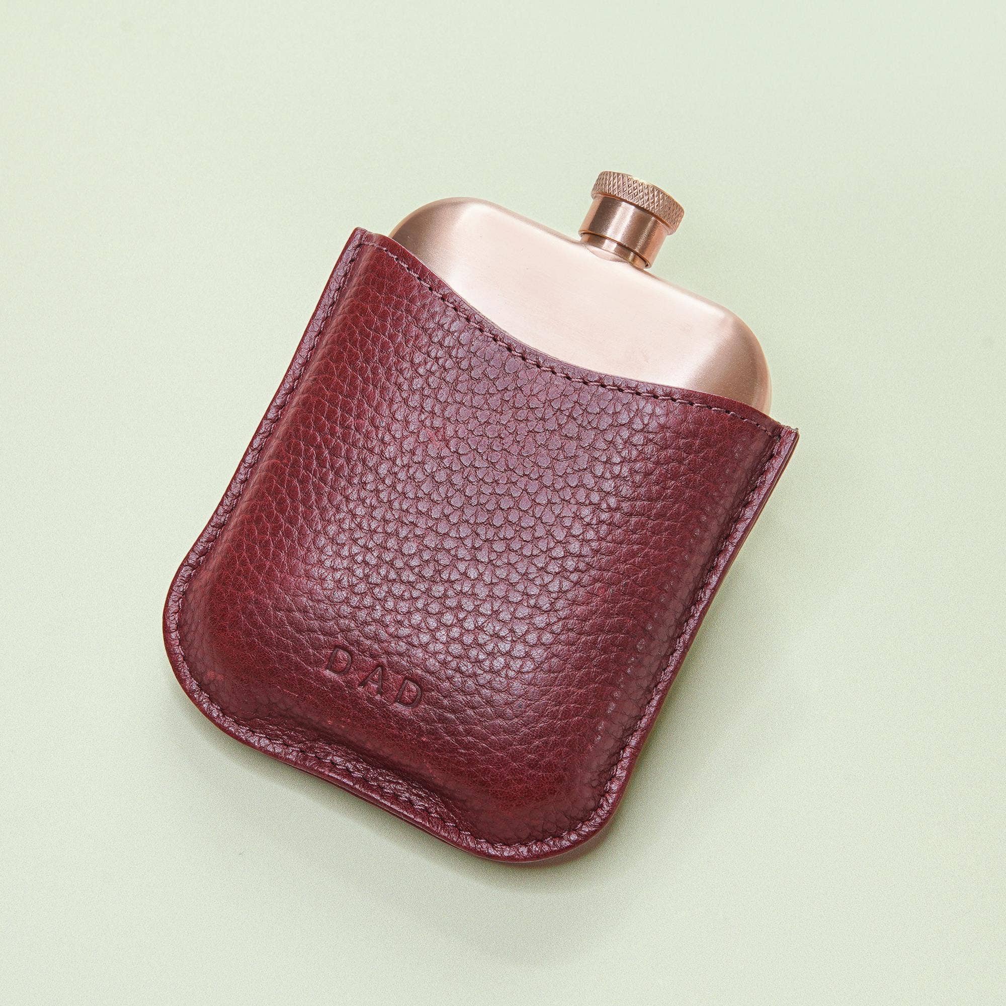 Copper Hip Flask With Pebble Grain Leather Sleeve - Cherry