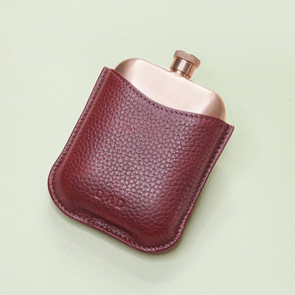 Copper Hip Flask With Pebble Grain Leather Sleeve - Cherry