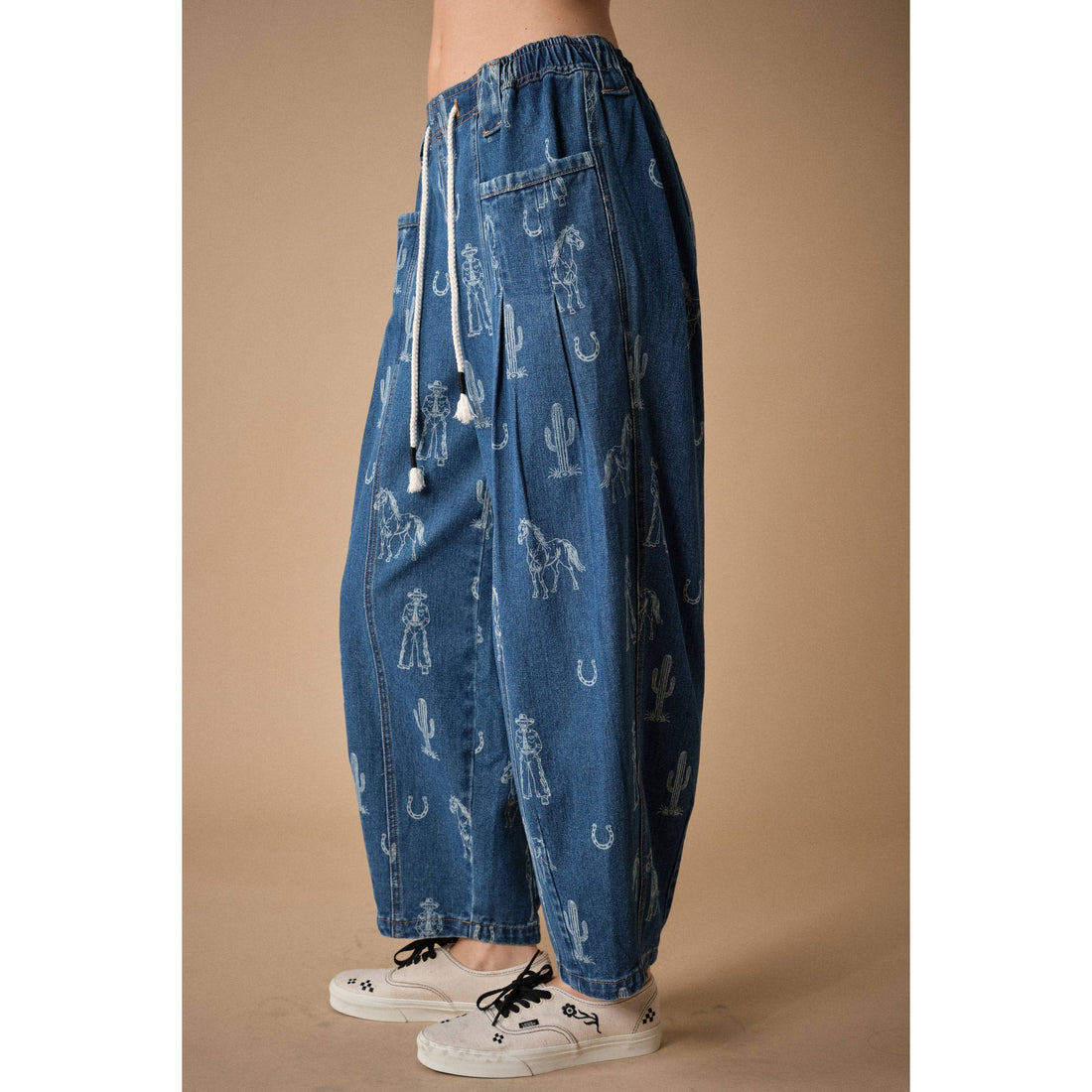 Western Print Barrel Denim Pants