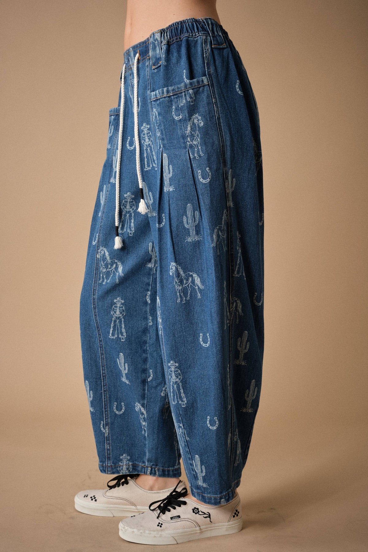 Western Print Barrel Denim Pants