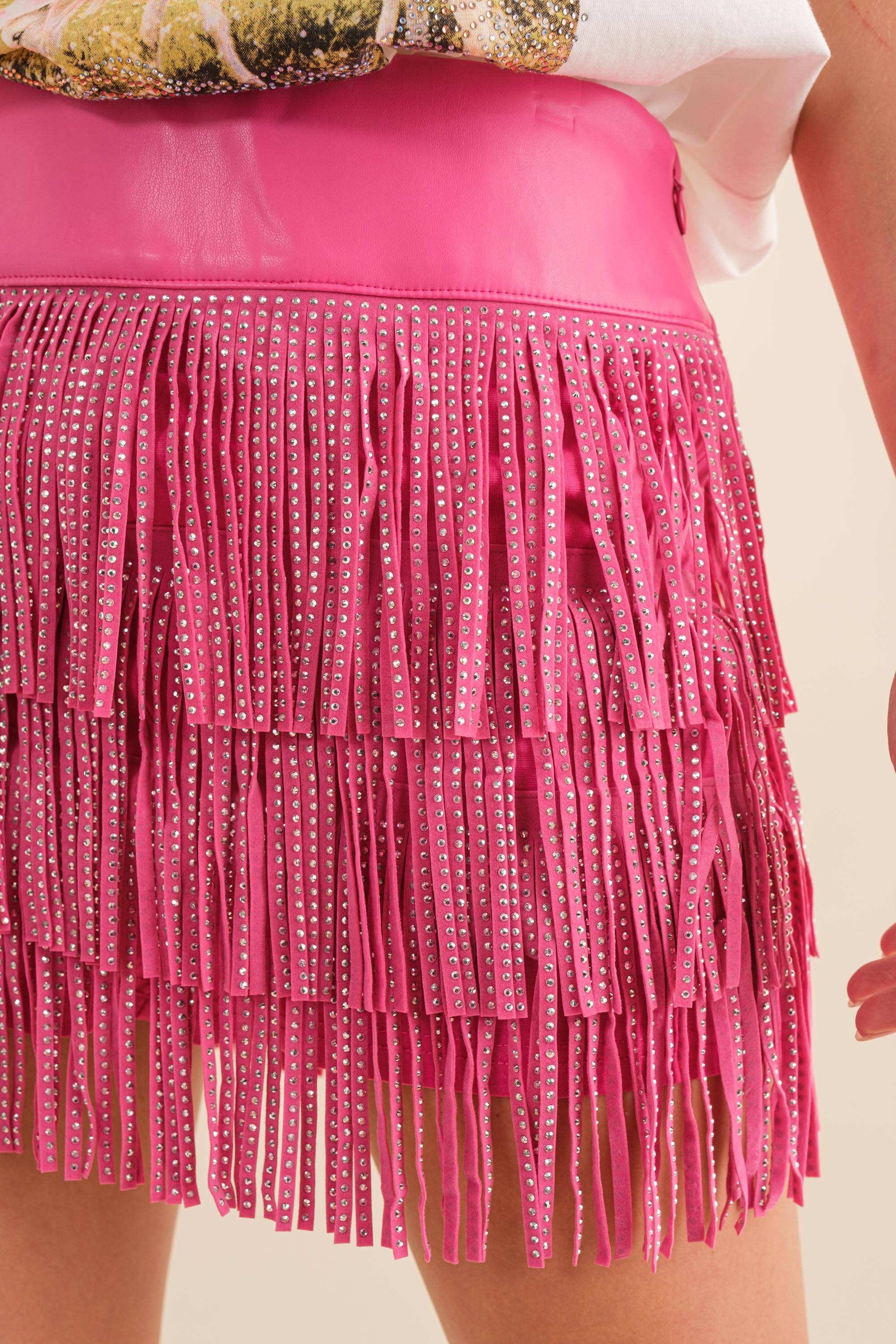 Festival Leather Waist Tiered Fringe Studded Short