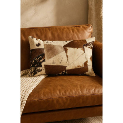 Boho Rustic Cowhide Lumbar Cushion – Handmade Patchwork