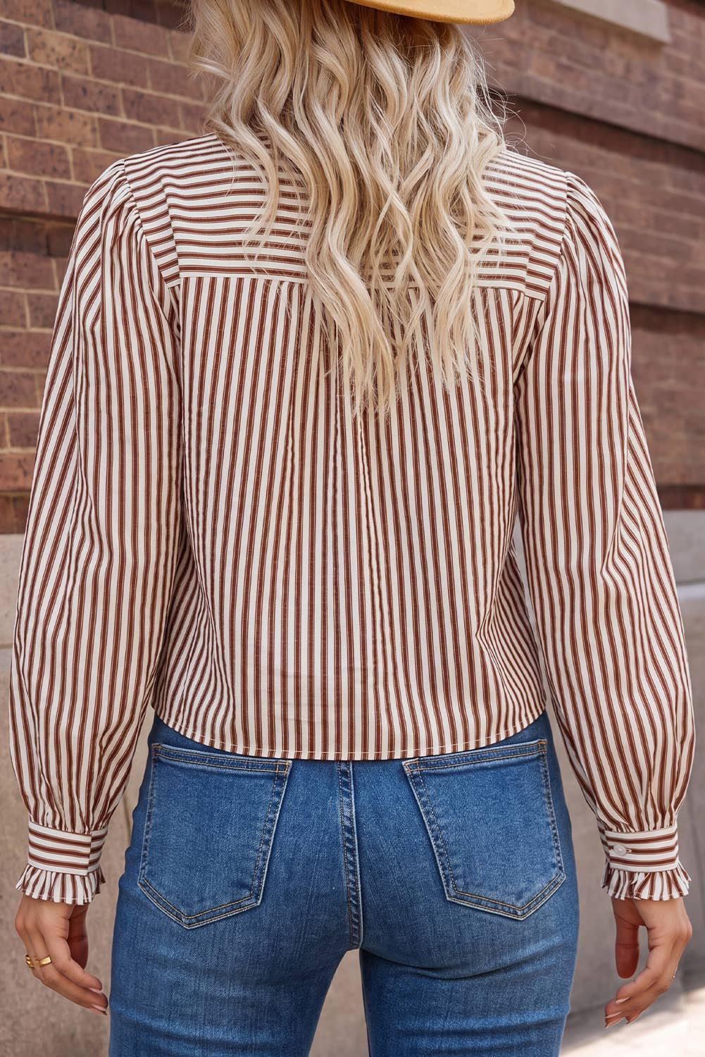 Red Striped Ruffle Button-Down Long-Sleeve Vintage Blouse