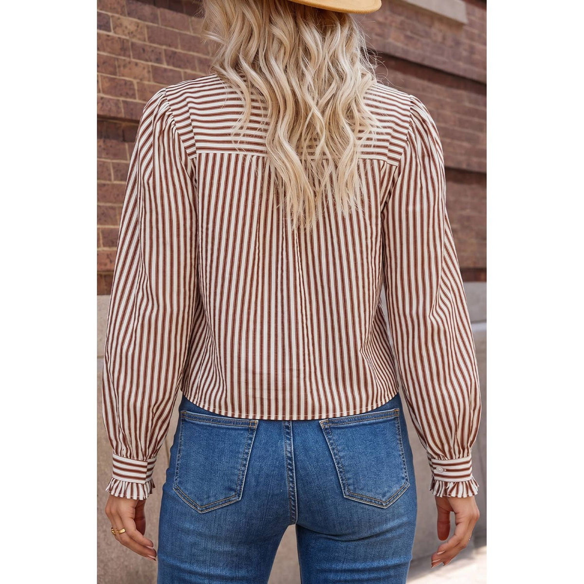 Red Striped Ruffle Button-Down Long-Sleeve Vintage Blouse